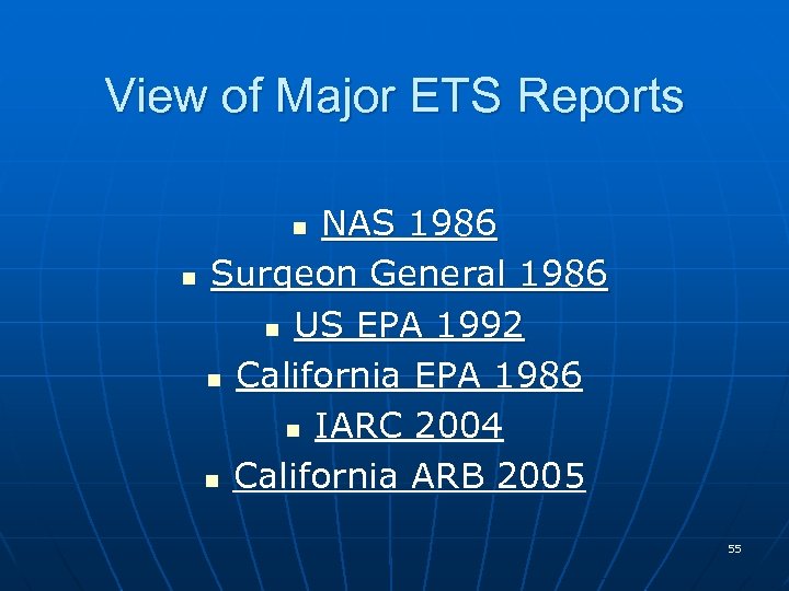 View of Major ETS Reports NAS 1986 n Surgeon General 1986 n US EPA