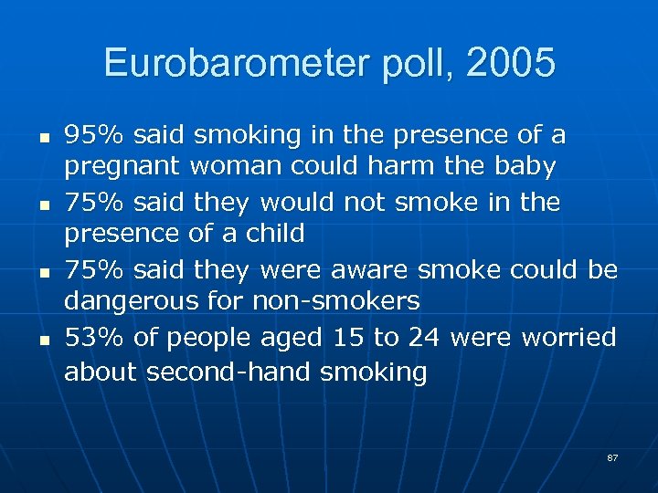 Eurobarometer poll, 2005 n n 95% said smoking in the presence of a pregnant