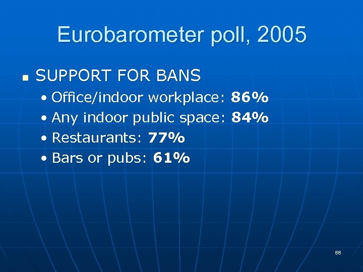 Eurobarometer poll, 2005 n SUPPORT FOR BANS • Office/indoor workplace: 86% • Any indoor