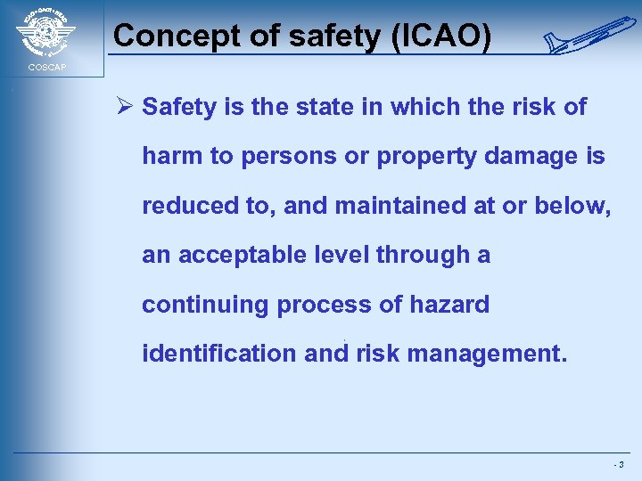 Concept of safety (ICAO) COSCAP Ø Safety is the state in which the risk