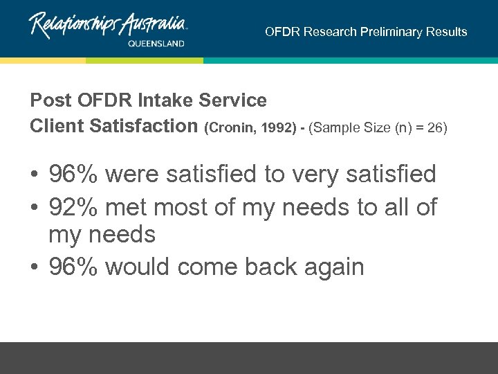 OFDR Research Preliminary Results Post OFDR Intake Service Client Satisfaction (Cronin, 1992) - (Sample