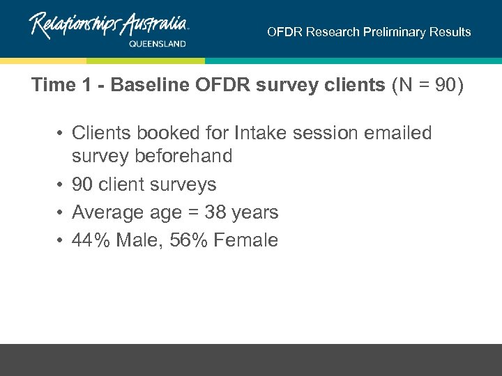 OFDR Research Preliminary Results Time 1 - Baseline OFDR survey clients (N = 90)