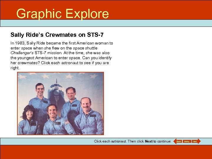 Graphic Explore 715 ITEC Sally Ride’s Crewmates on STS-7 In 1983, Sally Ride became