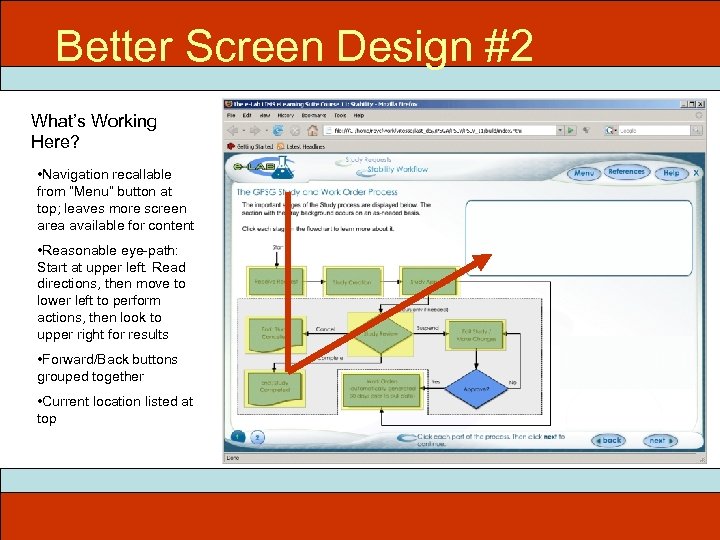 Better Screen Design #2 What’s Working Here? • Navigation recallable from “Menu” button at