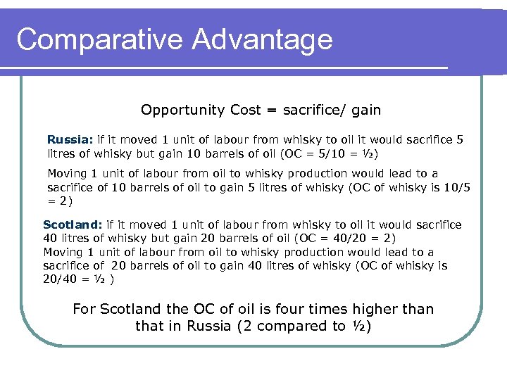 Comparative Advantage Opportunity Cost = sacrifice/ gain Russia: if it moved 1 unit of