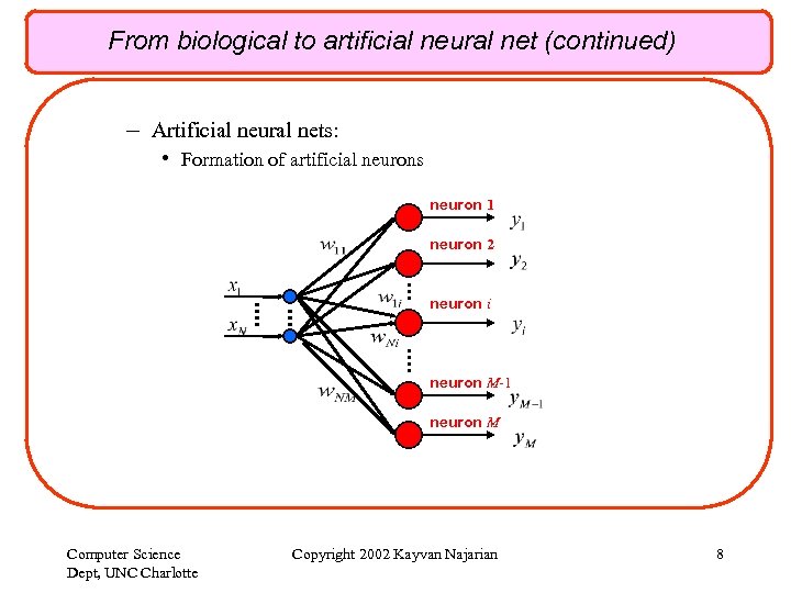 From biological to artificial neural net (continued) – Artificial neural nets: • Formation of