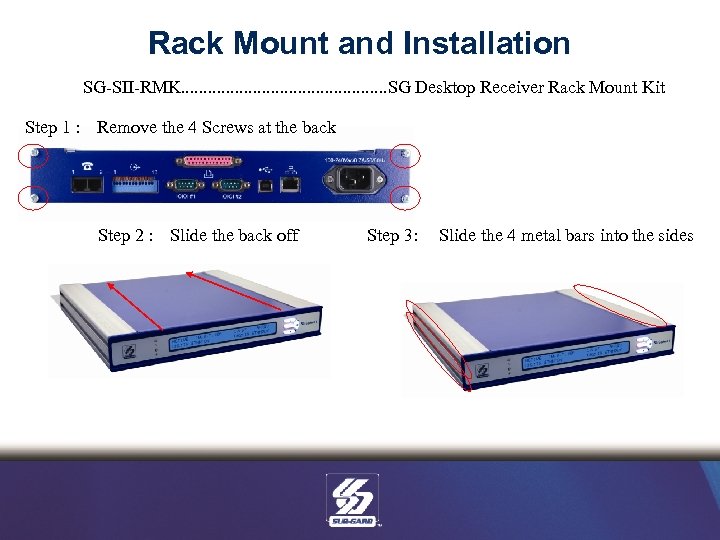 Rack Mount and Installation SG-SII-RMK. . . SG Desktop Receiver Rack Mount Kit Step