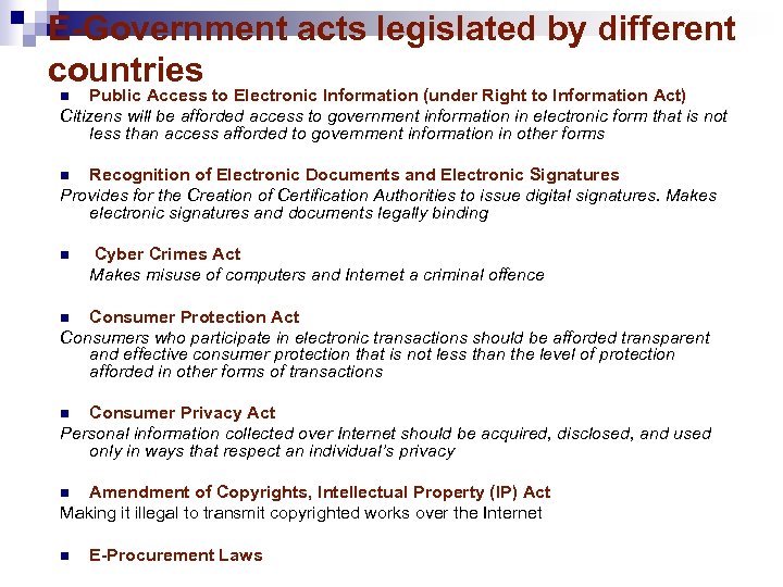 E-Government acts legislated by different countries Public Access to Electronic Information (under Right to