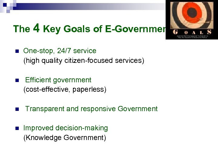 The 4 Key Goals of E-Government n One-stop, 24/7 service (high quality citizen-focused services)