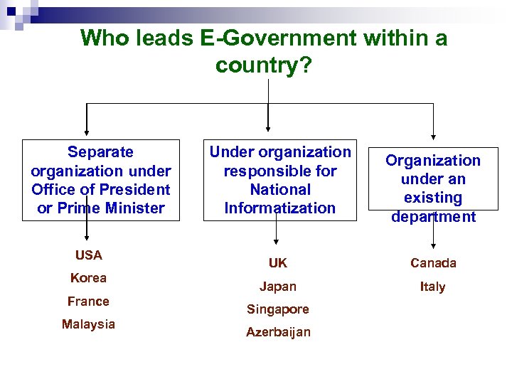 Who leads E-Government within a country? Separate organization under Office of President or Prime