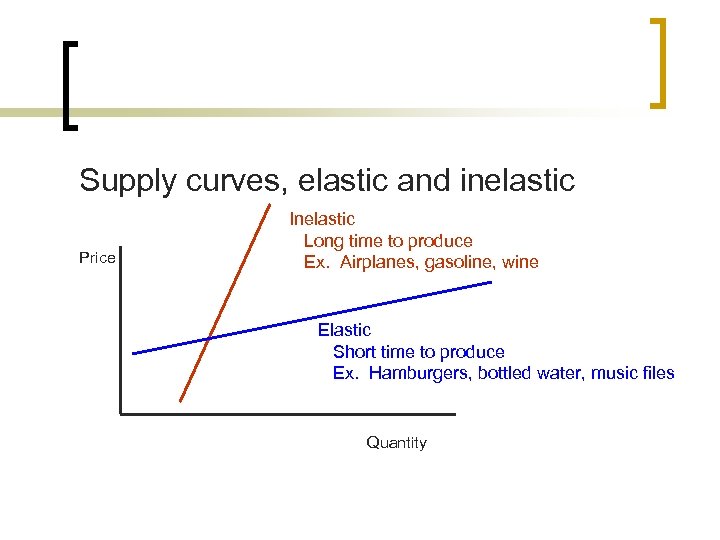 Supply curves, elastic and inelastic Price Inelastic Long time to produce Ex. Airplanes, gasoline,