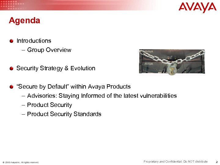 Agenda Introductions – Group Overview Security Strategy & Evolution “Secure by Default” within Avaya