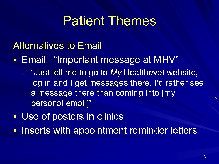Patient Themes Alternatives to Email § Email: “Important message at MHV” – “Just tell