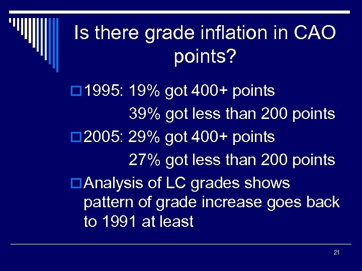 Is there grade inflation in CAO points? o 1995: 19% got 400+ points 39%