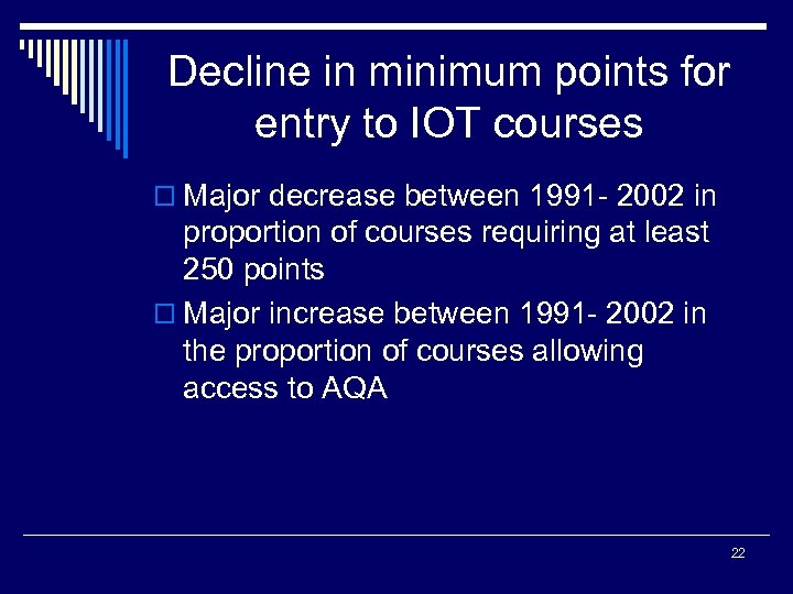 Decline in minimum points for entry to IOT courses o Major decrease between 1991