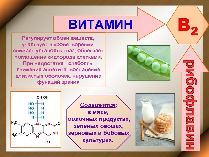 ВИТАМИН Регулирует обмен веществ, участвует в кроветворении, снижает усталость глаз, облегчает поглощение кислорода клетками.