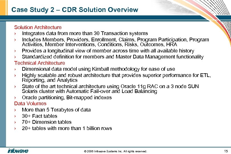 Case Study 2 – CDR Solution Overview Solution Architecture Integrates data from more than