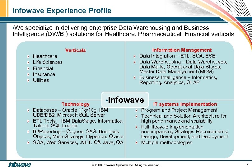 Infowave Experience Profile • We specialize in delivering enterprise Data Warehousing and Business Intelligence
