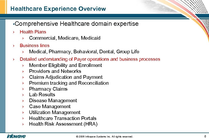 Healthcare Experience Overview • Comprehensive Healthcare domain expertise Health Plans Commercial, Medicare, Medicaid Business