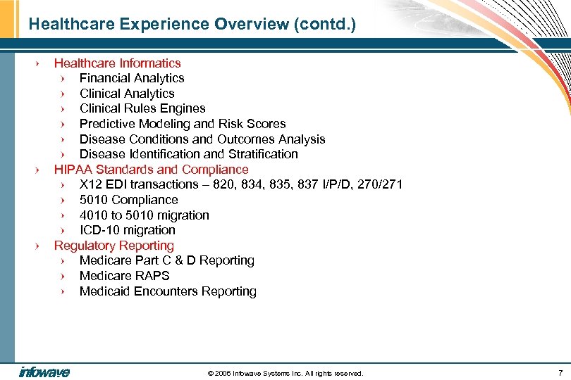 Healthcare Experience Overview (contd. ) Healthcare Informatics Financial Analytics Clinical Rules Engines Predictive Modeling