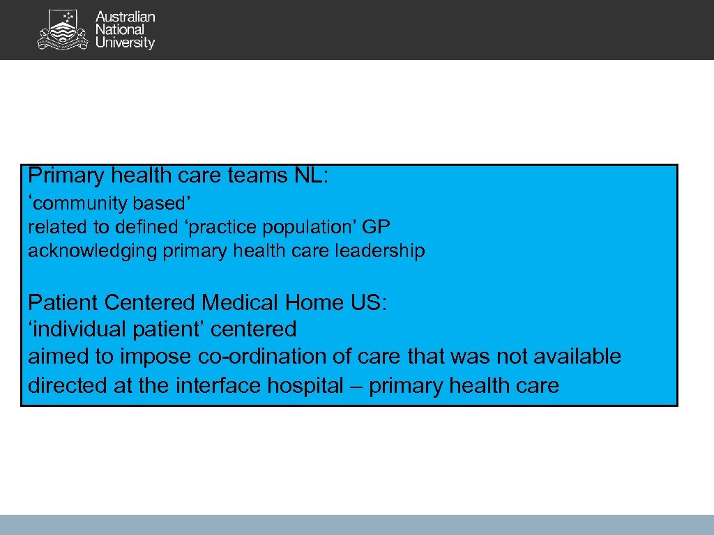 Primary health care teams NL: ‘community based’ related to defined ‘practice population’ GP acknowledging