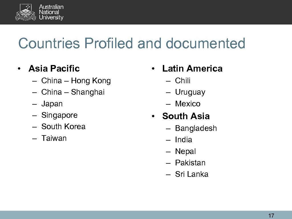 Countries Profiled and documented • Asia Pacific – – – China – Hong Kong