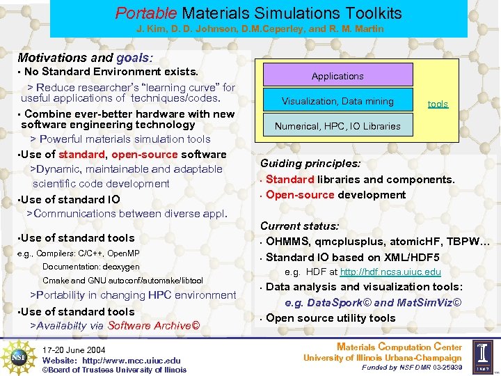 Portable Materials Simulations Toolkits J. Kim, D. D. Johnson, D. M. Ceperley, and R.