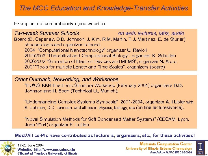The MCC Education and Knowledge-Transfer Activities Examples, not comprehensive (see website) Two-week Summer Schools