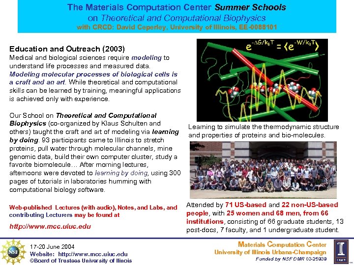 The Materials Computation Center Summer Schools on Theoretical and Computational Biophysics with CRCD: David
