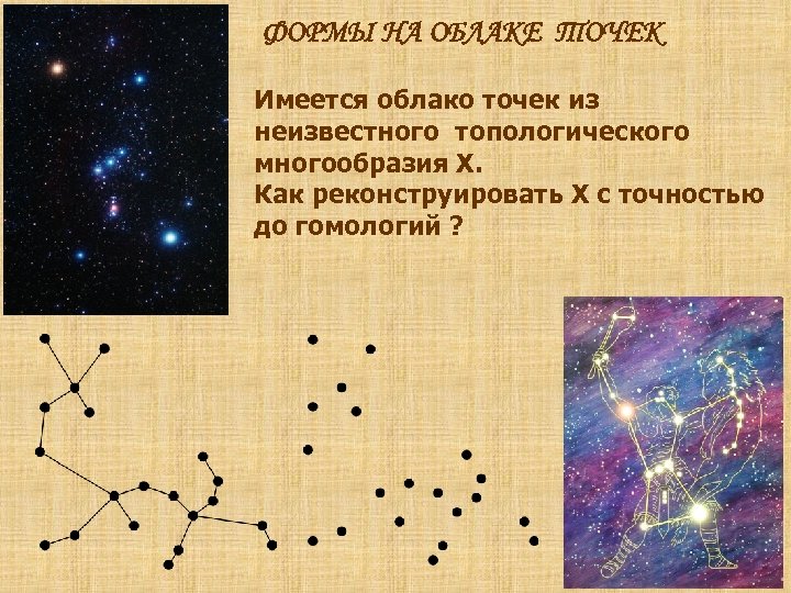 ФОРМЫ НА ОБЛАКЕ ТОЧЕК Имеется облако точек из неизвестного топологического многообразия Х. Как реконструировать