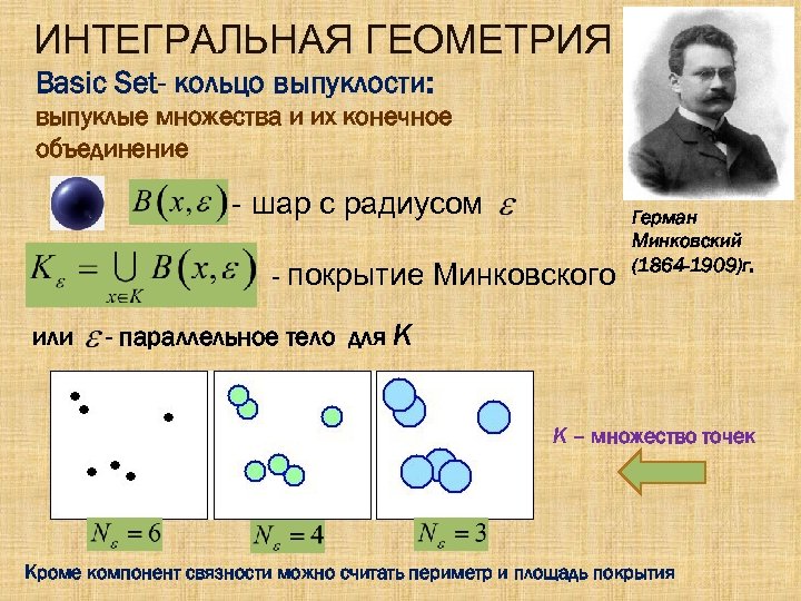 ИНТЕГРАЛЬНАЯ ГЕОМЕТРИЯ Basic Set- кольцо выпуклости: выпуклые множества и их конечное объединение - шар