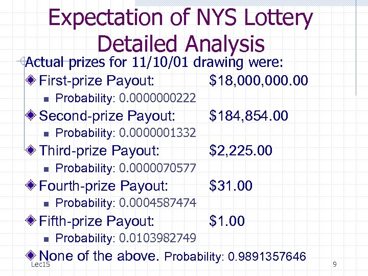 Expectation of NYS Lottery Detailed Analysis Actual prizes for 11/10/01 drawing were: First-prize Payout: