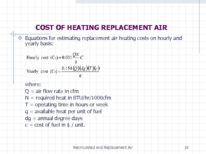 COST OF HEATING REPLACEMENT AIR v Equations for estimating replacement air heating costs on