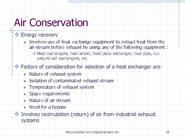 Air Conservation v Energy recovery v Involves use of heat exchange equipment to extract