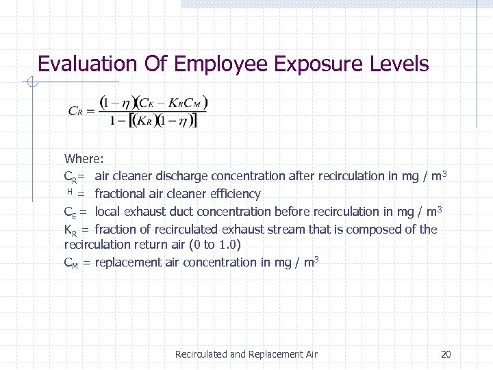 Evaluation Of Employee Exposure Levels Where: CR= air cleaner discharge concentration after recirculation in