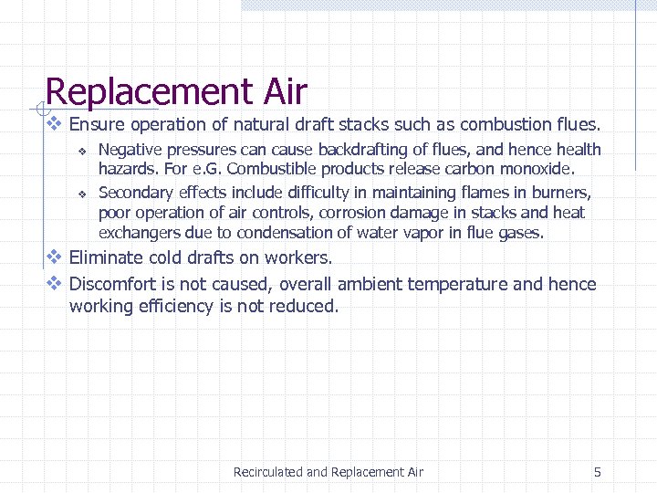 Replacement Air v Ensure operation of natural draft stacks such as combustion flues. v