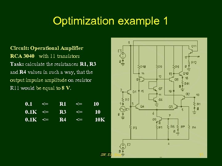 Optimization example 1 Circuit: Operational Amplifier RCA 3040 with 11 transistors Task: calculate the