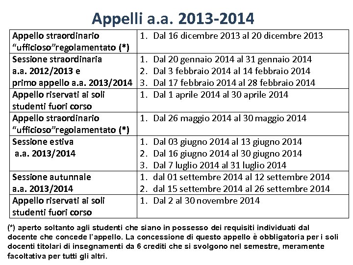 Appelli a. a. 2013 -2014 Appello straordinario “ufficioso”regolamentato (*) Sessione straordinaria a. a. 2012/2013