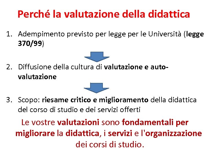 Perché la valutazione della didattica 1. Adempimento previsto per legge per le Università (legge