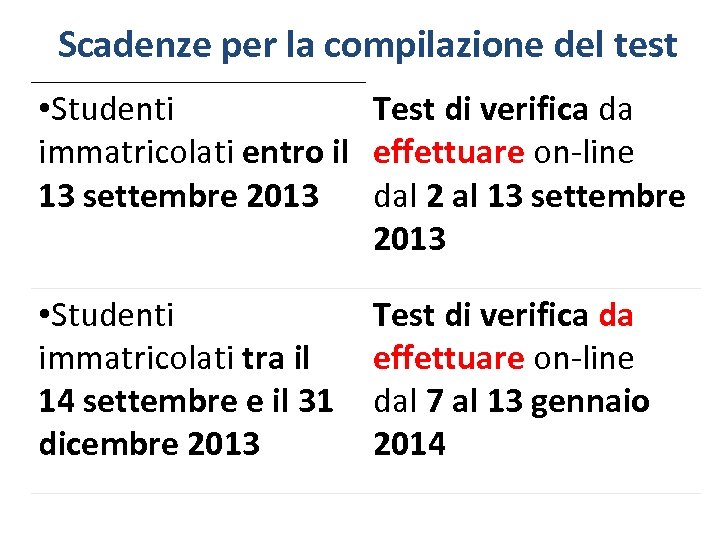Scadenze per la compilazione del test • Studenti Test di verifica da immatricolati entro
