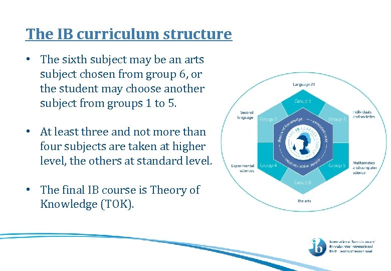 The IB curriculum structure • The sixth subject may be an arts subject chosen