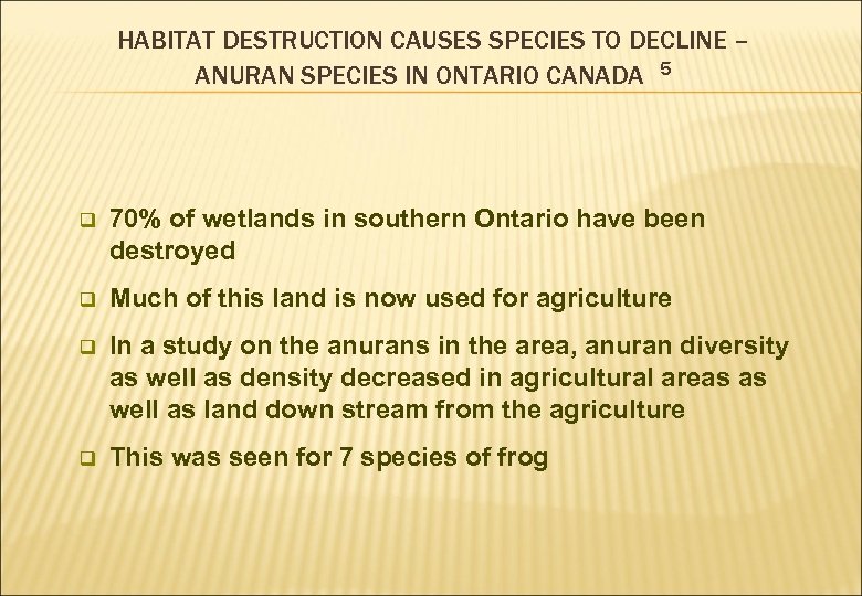HABITAT DESTRUCTION CAUSES SPECIES TO DECLINE – ANURAN SPECIES IN ONTARIO CANADA 5 q