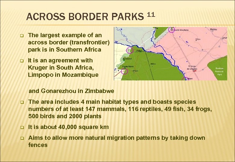 ACROSS BORDER PARKS 11 q The largest example of an across border (transfrontier) park