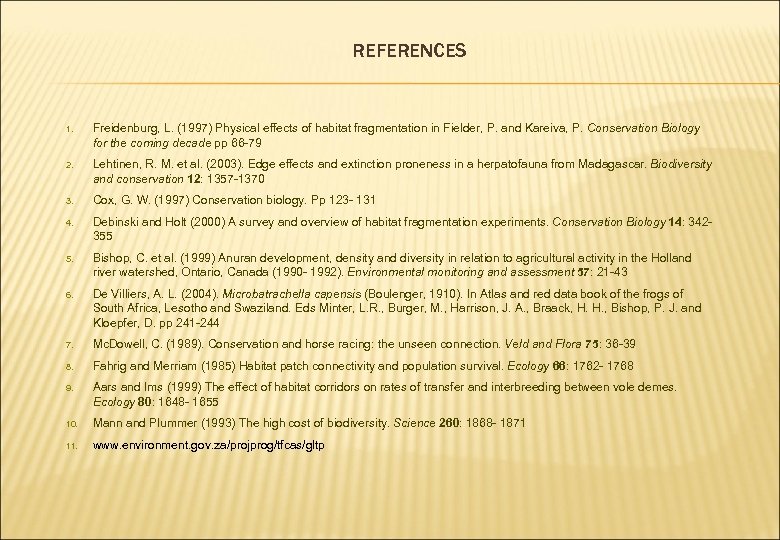 REFERENCES 1. Freidenburg, L. (1997) Physical effects of habitat fragmentation in Fielder, P. and