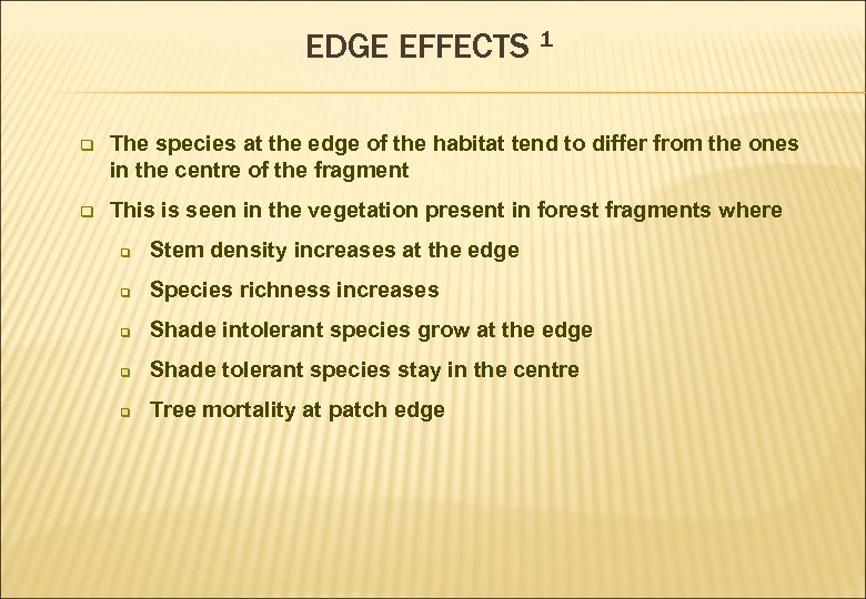 EDGE EFFECTS 1 q The species at the edge of the habitat tend to
