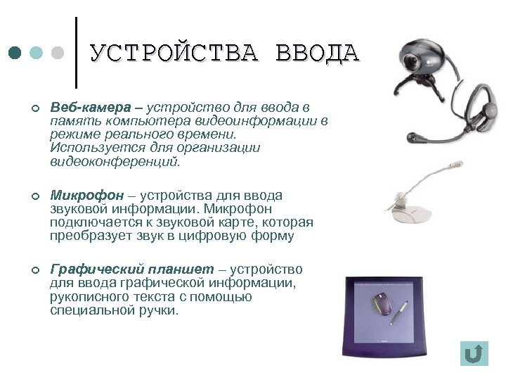 УСТРОЙСТВА ВВОДА ¢ Веб-камера – устройство для ввода в память компьютера видеоинформации в режиме