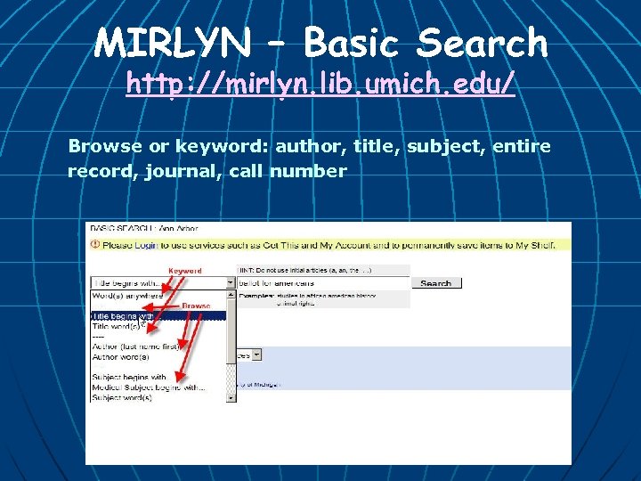 MIRLYN – Basic Search http: //mirlyn. lib. umich. edu/ Browse or keyword: author, title,