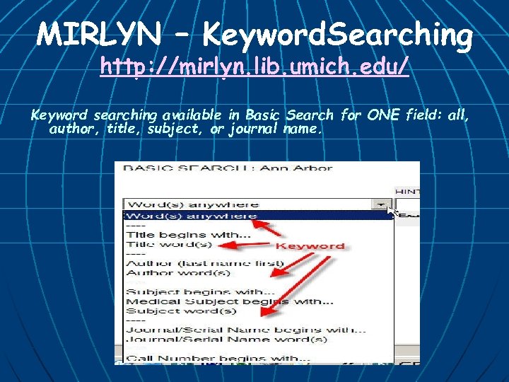 MIRLYN – Keyword. Searching http: //mirlyn. lib. umich. edu/ Keyword searching available in Basic