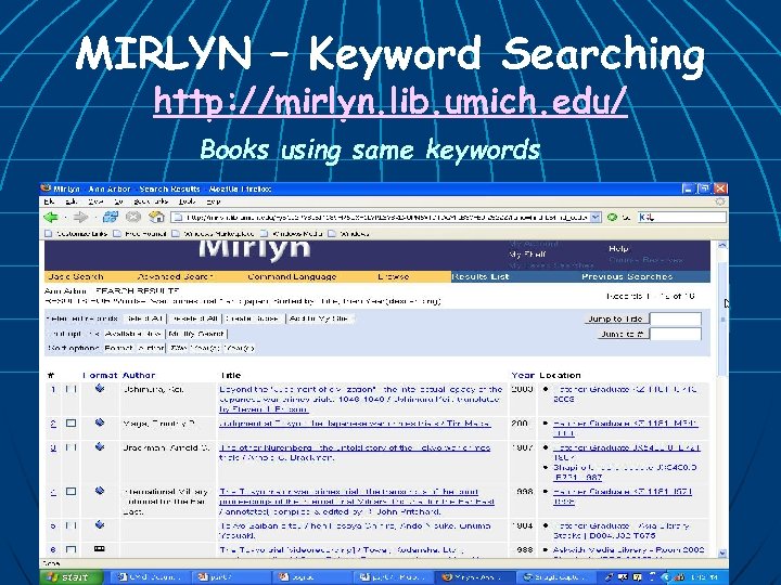 MIRLYN – Keyword Searching http: //mirlyn. lib. umich. edu/ Books using same keywords 