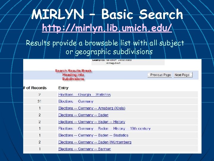 MIRLYN – Basic Search http: //mirlyn. lib. umich. edu/ Results provide a browsable list